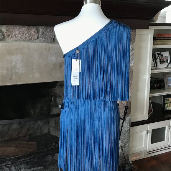 'Herve Leger Paris' One Shoulder Mini Fringe Dress in Petrol Blue - Size Small - Picture 2 of 8